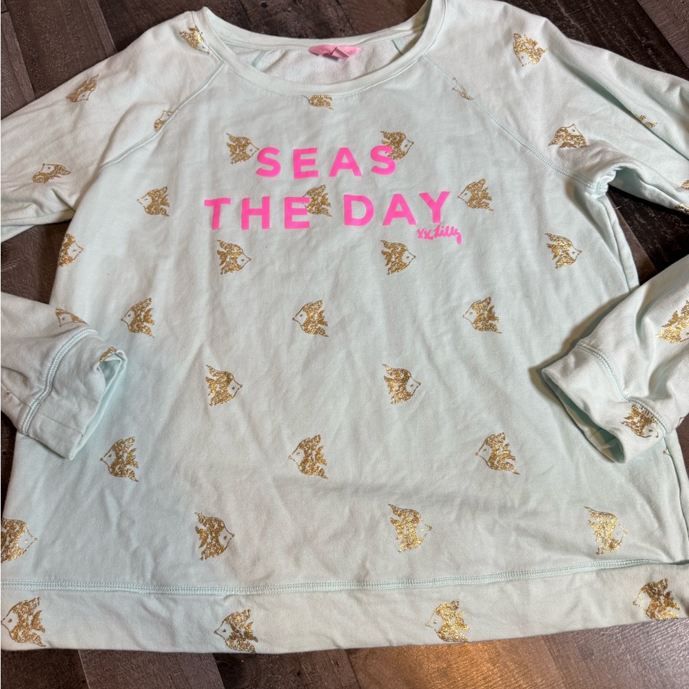 Lilly Pulitzer Seas The Day‎ Sweatshirt Coastal Preppy Beachy Gold Fish Print L